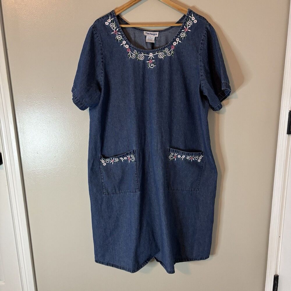 VTG Paragon Denim Embroidered Dress Blue Pockets Midi Modest Womens 1X